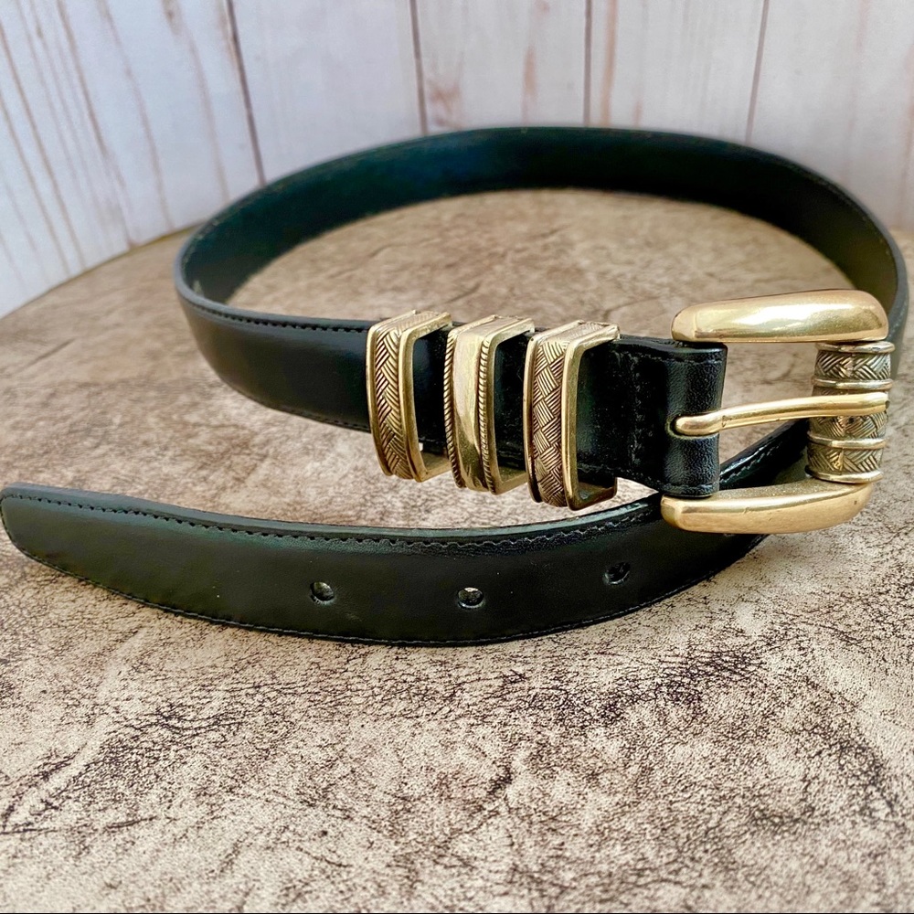 Brighton Black Leather Belt with Gold Buckle Accents